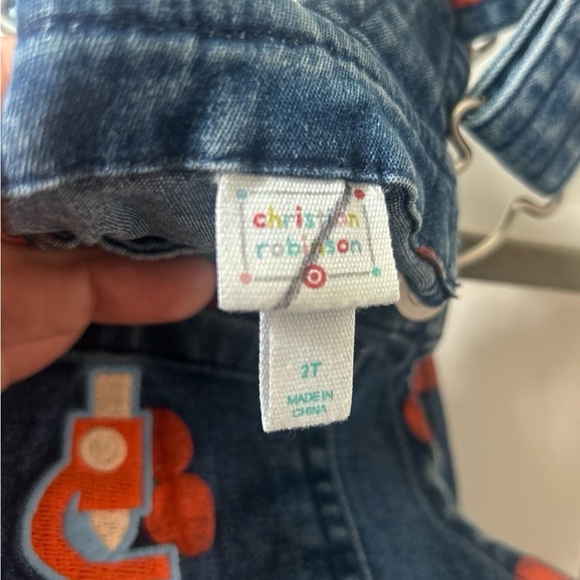 Christian Robinson Microscope Kids Denim Overalls with Reddish Orange Polka Dots - Picture 6 of 6